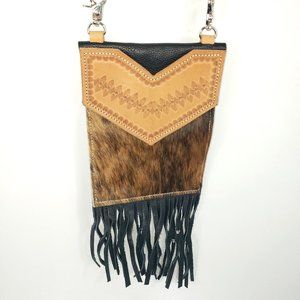 Handmade Tooled Leather and Cowhide Crossbody Mini Purse with Fringe